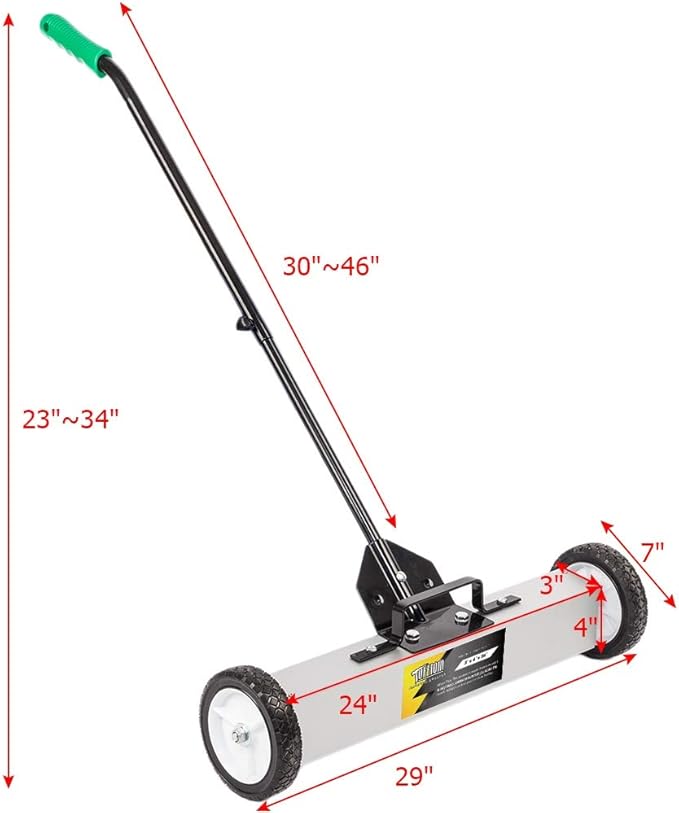TUFFIOM 24-Inch Rolling Magnetic Pick-Up Sweeper | 50-LBS Capacity, with Quick Release Latch & Adjustable Long Handle, for Nails Needles Screws Collection