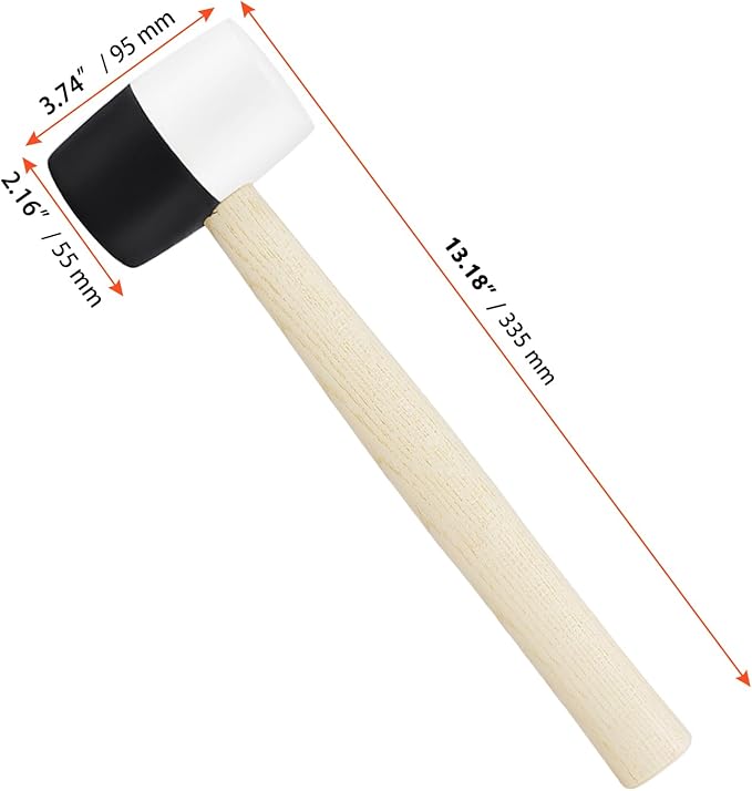 SINJEUN 2 PCS 16 oz Rubber Flooring Mallet, Black and White Double Face Hammer with Wood Handle, Solid Rubber Mallet Hammer for DIY, Tile Setting, Laminate Flooring Installs