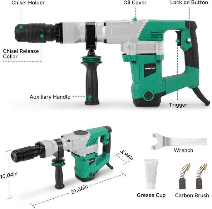 Hoteche Electric Demolition Jack Hammer 1500W Heavy-Duty SDS-MAX Concrete Breaker with Flat & Point Chisel