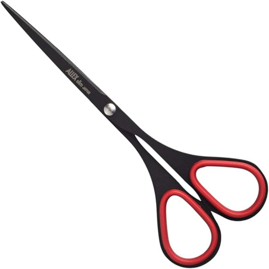 ALLEX Small Black Scissors for Office 5.5" [Non-Stick], All Purpose Slim & Thin Low Profile Scissors, Made in JAPAN, All Metal Japanese Stainless Steel Blade with Non-Slip Soft Ring, Black Red