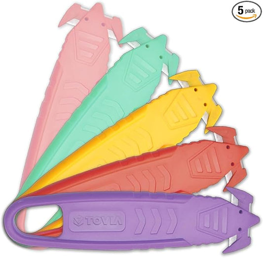 Safety Box Cutter, T TOVIA SK2 Stainless Steel Concealed Blade Package Opener with Tape Splitter for Cartons, Cardboard, Wrap, Straps, Film (5 Pieces - Mix color)