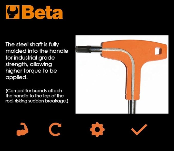 Beta 96T SAE (Fractional Inch) T-Handle Hex Key Wrench 3/8"| High Torque Ergonomic Allen Wrench with Dual Hex Tips | Drop Prevention Hole | Industrial Strength | Made in Italy