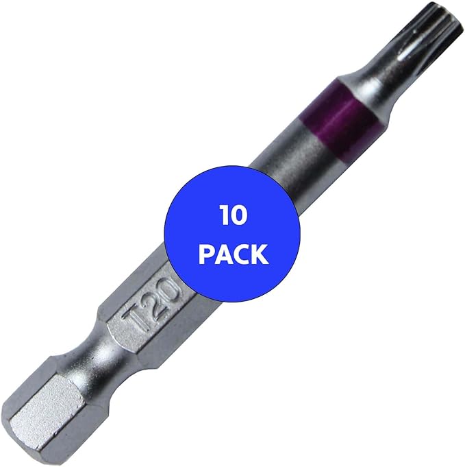 T20 x 2" Color-Coded Torx/Star Driver Bit with Quick-Change Shank - Precision Fit for T-20 Screws and Fasteners, 10-Pack