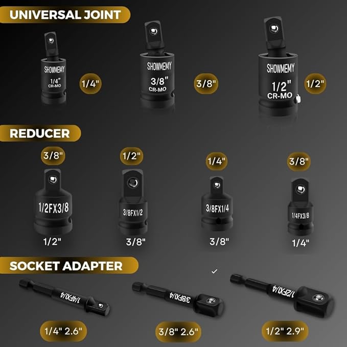 Universal Joint-Socket, 10 Pcs Impact Swivel Socket Set with 3 Pcs Impact Socket Adapter, and 4 Pcs Reducer Set(1/2" to 3/8"), Cr-Mo Steel, 1/4-Inch, 3/8-Inch, 1/2-Inch Drive/Adapter