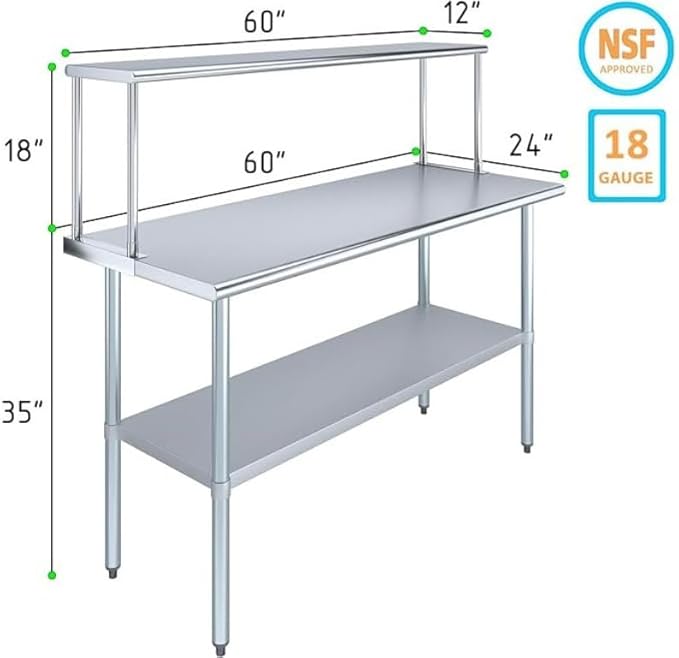 Stainless Steel Work Table with Wide Single Tier Overshelf | Metal Kitchen Prep Table & Shelving Combo (24" x 60" Work Table + 12" Overshelf)