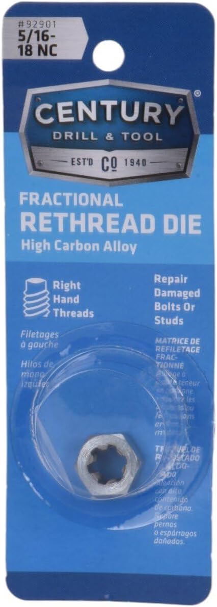 Century Drill & Tool, 92901, 5/16-18 NC, National Coarse Fractional Right Hand Rethreading Die, High Carbon Steel, Fix Damaged Bolts or Studs