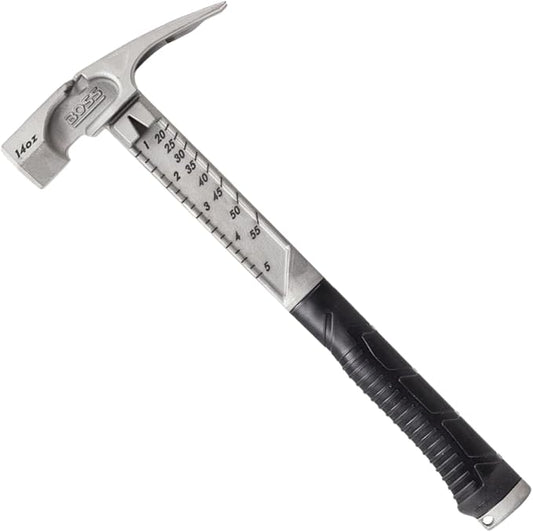 Boss Hammer 14 oz. Pro Plus Titanium Hammer - Ti64 Construction Grade, New Side Nail Extractor, 20% Thicker Handle, 1/4" Tether Hole - Milled Face - Made in the USA - BHPPS14TIM