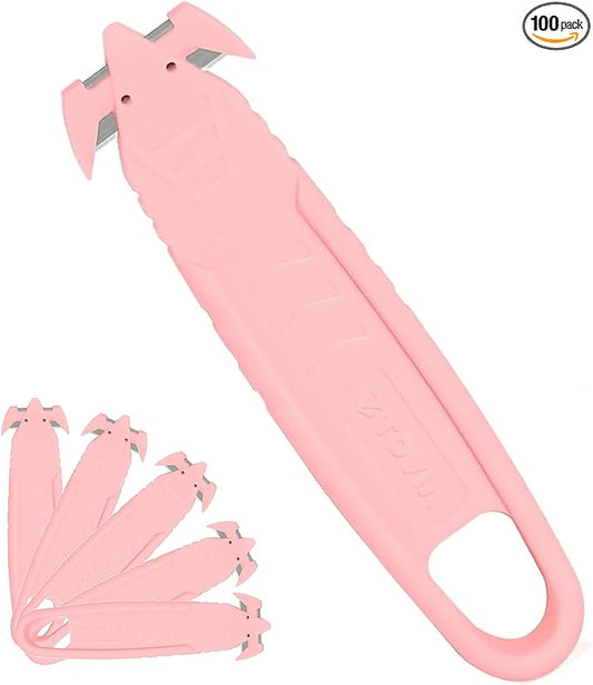 100 Pcs Safety Box Cutter T TOVIA Knife of Double-sided Recessed Concealed Blade for Household, Warehouse, Workshop - Pink