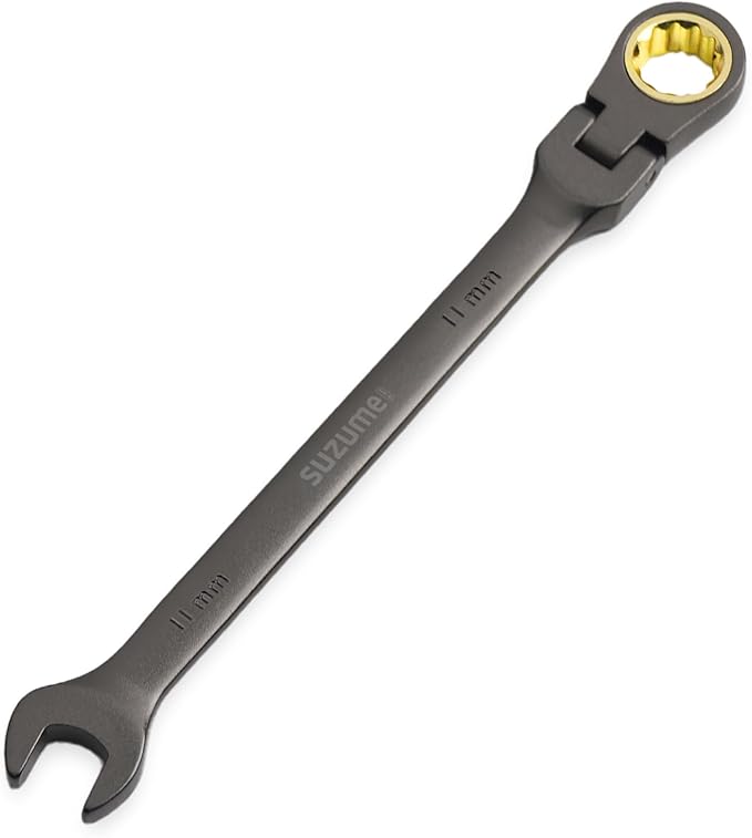 SUZUME 11mm Flex Head Ratcheting Wrench Metric 72 Teeth Cr-V Steel 15K+ Cycle Locked Gears with 180째 Flexible Head Black Nickel Coating