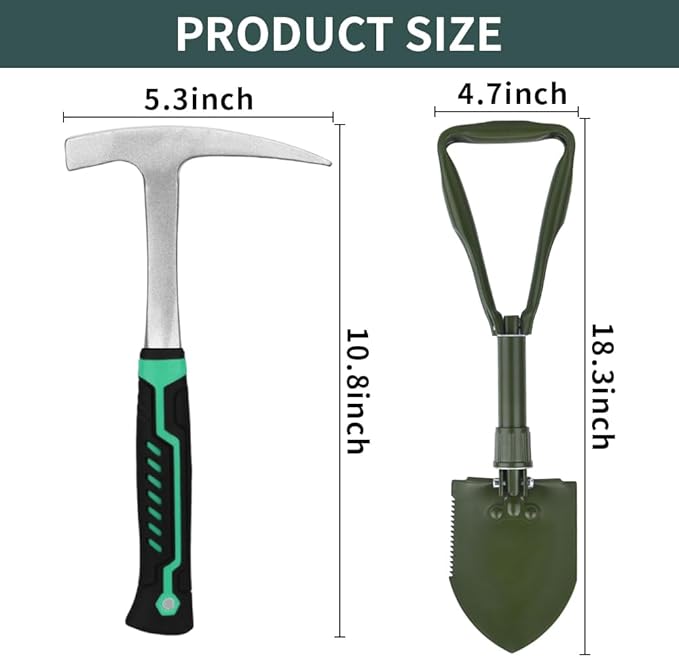 15 PCS Geology Rock Pick Hammer Kit, 22oz Hammer & Digging Chisels for Rock Hounding, Gold Mining & Prospecting Equipment Tool Shovel,Backpack,Magnifying Glass, Goggles,Whistle，Soil sieve (VO3)