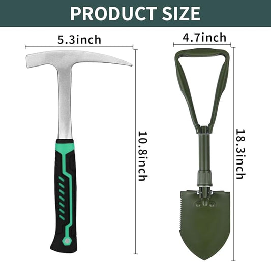 15 PCS Geology Rock Pick Hammer Kit, 22oz Hammer & Digging Chisels for Rock Hounding, Gold Mining & Prospecting Equipment Tool Shovel,Backpack,Magnifying Glass, Goggles,Whistle，Soil sieve (VO3)