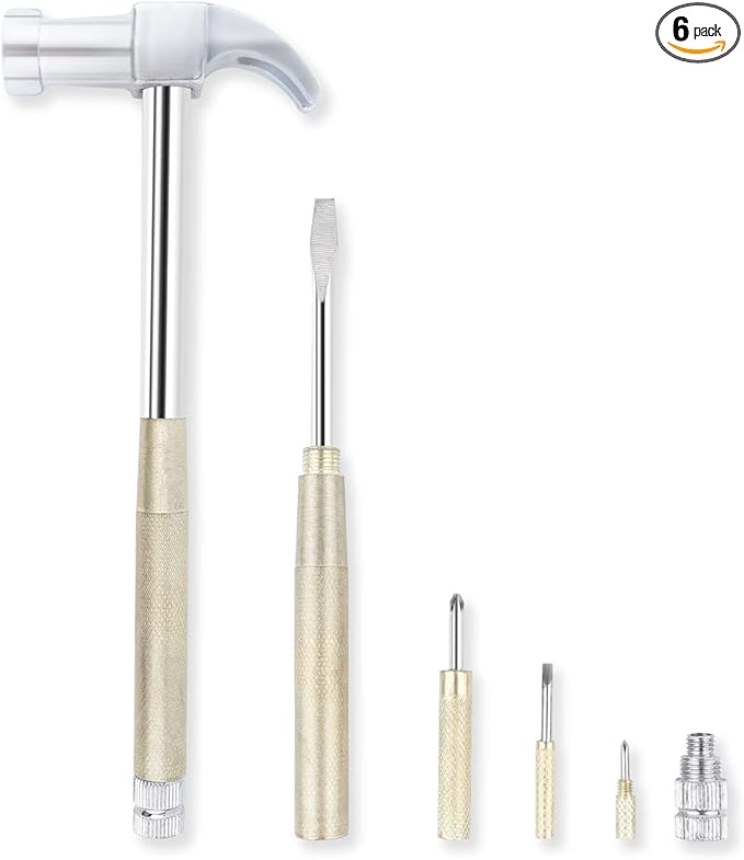 YOUMI 6 in 1 Metal Hammer & Screwdriver Multitool Set with Anti-Slip Grip Handle Slotted/Flat Head Phillips Screwdriver Nail Puller and Claw Hammer Best Gift for Sweetheart(Silver Yellow)