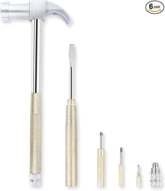 YOUMI 6 in 1 Metal Hammer & Screwdriver Multitool Set with Anti-Slip Grip Handle Slotted/Flat Head Phillips Screwdriver Nail Puller and Claw Hammer Best Gift for Sweetheart(Silver Yellow)