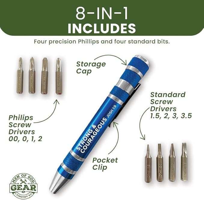 8-in-1 Pen Style Screwdriver ??Strong and Courageous, Josh 1:9 -Hidden 4.5" x 0.5" Pen Multitool with Screwdriver Bits, Storage Space & More - Christian Pocket Tools For Men