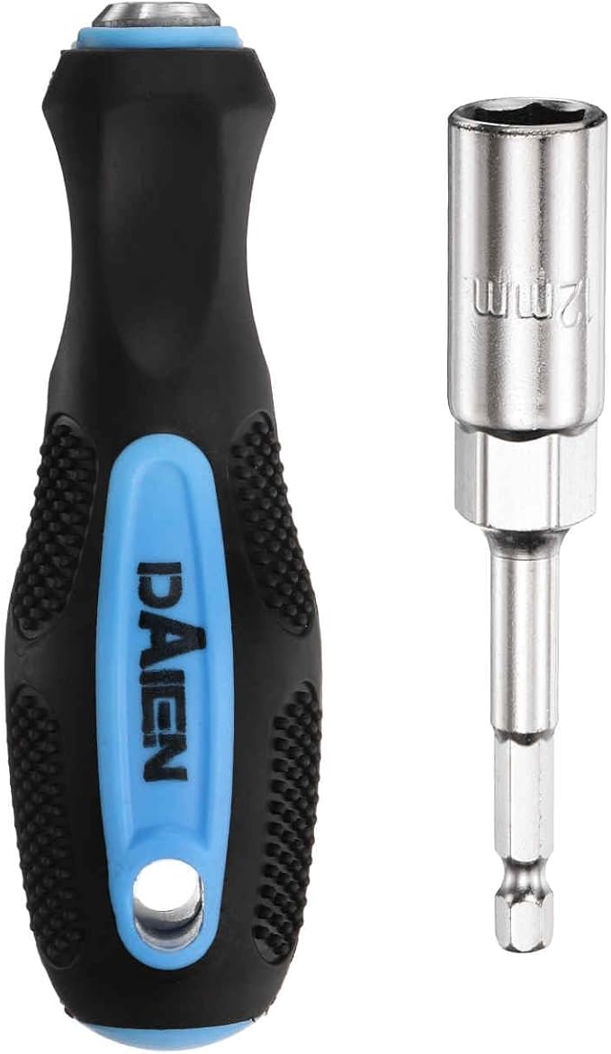 HARFINGTON Metric Nut Driver 12mm CR-V Non-Magnetic Detachable Tip Hollow Shafts Hex Socket Screwdriver with Anti-Slip Handle for Automobile Repair Bit Driver, Blue/Black