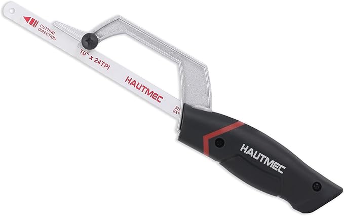 HAUTMEC Compact Hacksaw, Mini Hack Saw with 10" Bi-Metal HSS Blade, Cutting Guide Design & Tool-Free Screws, Small Hand Saw for Metal Wood PVC, Especially Cuts in Tight Hard-Reach Spaces – HT0427