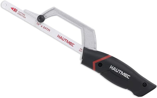 HAUTMEC Compact Hacksaw, Mini Hack Saw with 10" Bi-Metal HSS Blade, Cutting Guide Design & Tool-Free Screws, Small Hand Saw for Metal Wood PVC, Especially Cuts in Tight Hard-Reach Spaces – HT0427