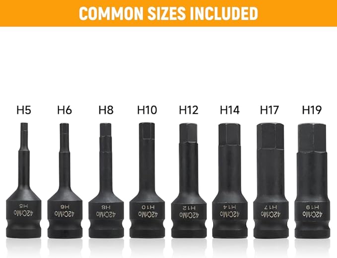 Hoteche 8-Piece 1/2" Drive Impact Metric Hex Bit Socket Set | Cr-Mo Steel, Laser Etched Sizes, Heavy Duty Storage Case