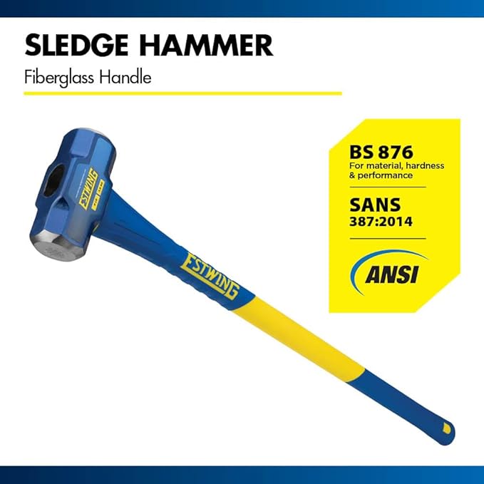 Estwing 8-Pound Hard Face Sledge Hammer for Demolition/Stake Driving, 50-55 HRC, 36-Inch Fiberglass Handle, Overstrike Protection, Textured Grip