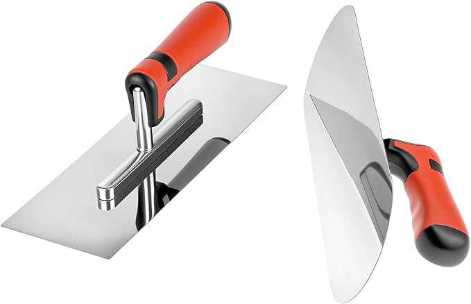 QWORK Concrete Tools Set, Stainless Steel Flat Finishing Trowel (11" x 4") & Pool Trowel (14" x 4") for Concrete, Cement, Drywall Projects