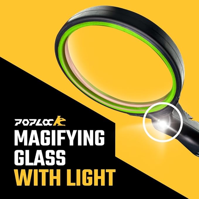 POPLock Magnifying Glass with Light, 5X Optical Lens, Concave Convex Design for Close Work, Green