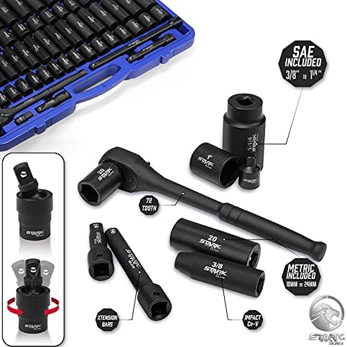 Stark USA 1/2" Drive Master Impact Socket Set, 65 Piece, Standard SAE (3/8"-1-1/4") & Metric (10-24 mm) Sizes, Deep & Shallow Kit, Includes Adapters & Ratchet Handle
