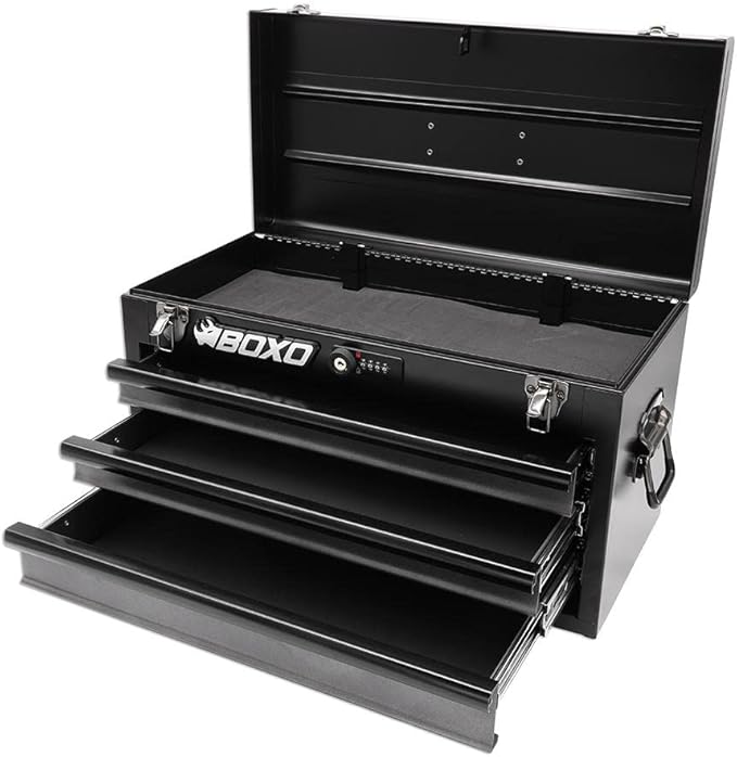 Boxo USA Heavy-Duty 3-Drawer Steel Tool Box - Portable Hand Carry Toolbox Organizer with Ball Bearing Slides & Secure Key & Digital Lock System (Black)