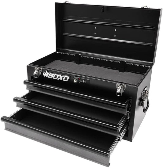 Boxo USA Heavy-Duty 3-Drawer Steel Tool Box - Portable Hand Carry Toolbox Organizer with Ball Bearing Slides & Secure Key & Digital Lock System (Black)