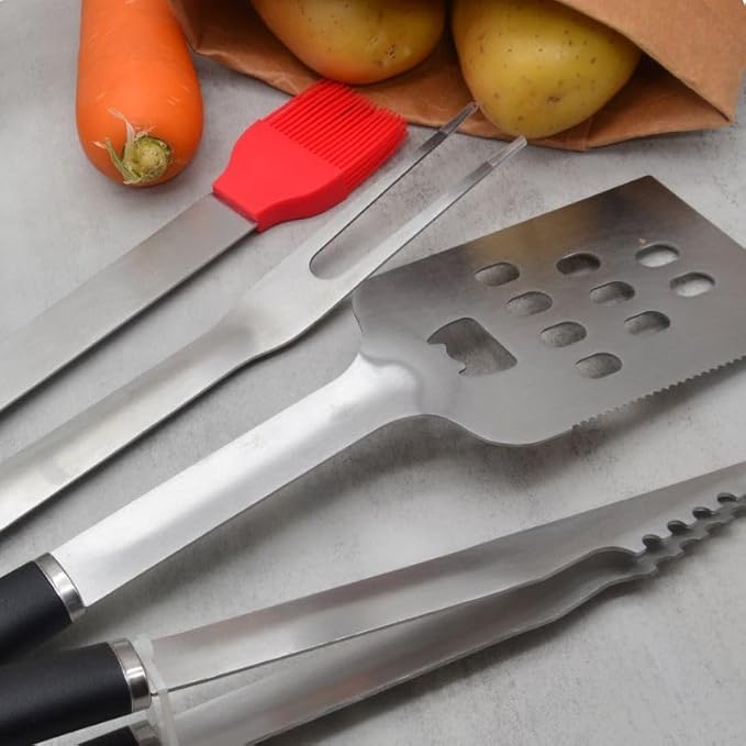 Stainless Stell BBQ Accessories Tool Set with Serrated Edged Spatula?갌ork Brush and Tongs Backyard Outdoor Cooking and Teppanyaki Barbecue Tools Accessories 4-Piece Home Barbecue Set