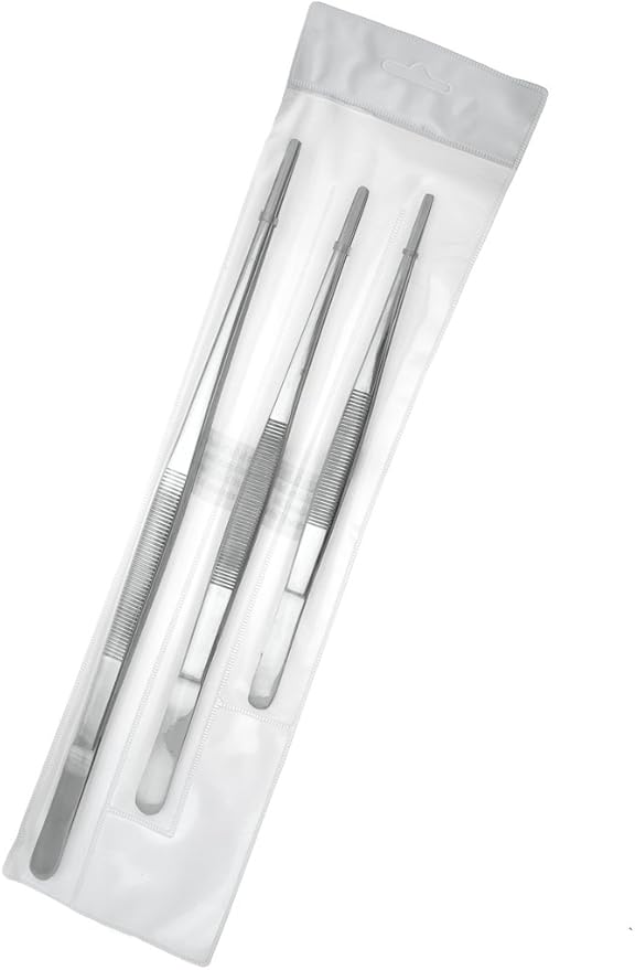 SE 3-Piece Stainless Steel Tweezer Set with Serrated Tips - Includes 8", 10", and 12" Sizes for Precision Work and General Use TW2-408