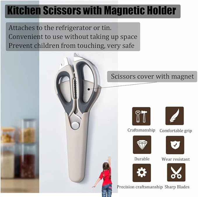2 Pcs Heavy Duty Kitchen Shears for Food, Come Apart Design, Kitchen Scissors with Magnetic Holder, Stainless Steel Multi-function Food Cooking Magnetic Scissors for Fridge (White and Blue)