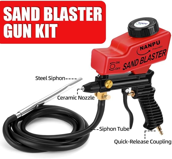 NANPU Light-Duty Air Sandblaster Gun Kit with Siphon & Gravity Feed, Ceramic Nozzle, Metal Body, for Small Project Surface Prep, Paint & Rust Removal, Metal/Wood/Glass Etching竊똓equires Air Compressor