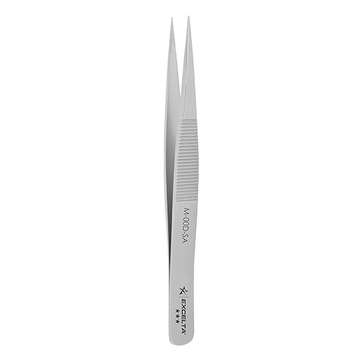 Excelta M-00D-SA Miniature Straight Medium Pointed Tweezer, Serrated Tips and Handle, Neverust Stainless Steel, 3.38" Length, Conductive Surface