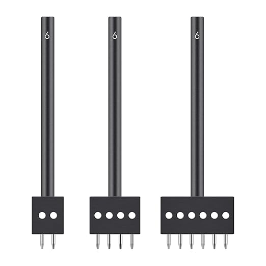 3Pcs Prong Punch Tool Set for Leather Crafts, 2/4/6 Prong Round Hole Tooth Punches, Ideal for DIY Diamond Lacing & Stitching, with 6MM Row Hole Punch - Essential Leather Craft Kit