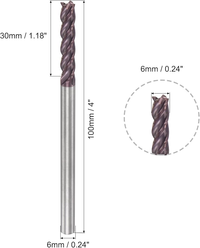 uxcell Square Nose End Mill, 6mm Tip Dia Solid Carbide AlTiN Coated CNC Router Bits 4 Flute Spiral Milling Cutter HRC55 with 6mm Shank 100mm (4-inch) Length