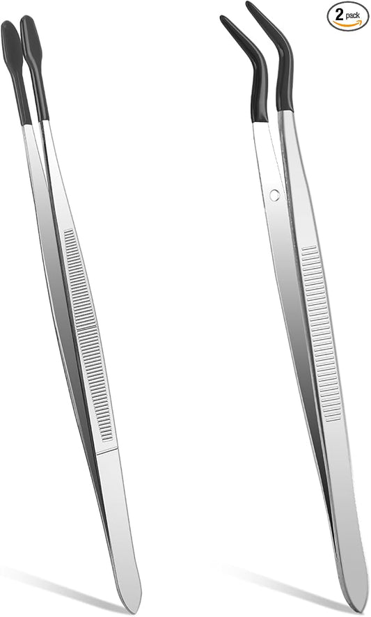Rubber Tipped Tweezers, 2 Pcs PVC Coated Precision Tweezers Hobby Craft Tweezers Set, Long Bent and Straight Flat Tip Tweezers for Crafts Stamps Coin Beads Jewelry Industrial Electronic Lab (Black)