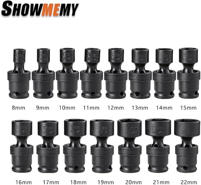 Drive Impact Universal Joint Socket Set, 6 Points, Shallow Swivel Socket Set, Cr-Mo Steel. Heavy Duty Storage Case (Metric 3/8", Metric 3/8")