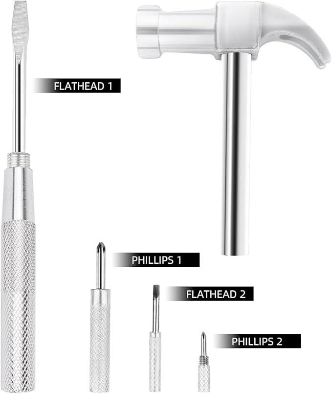 YOUMI 6 in 1 Silver Hammer & Screwdriver Tool Multitool Set Claw Hammer with Anti-Slip Grip Handle Slotted/Flat Head Phillips Screwdriver Nail Puller Best Gift for Family Friends Colleagues