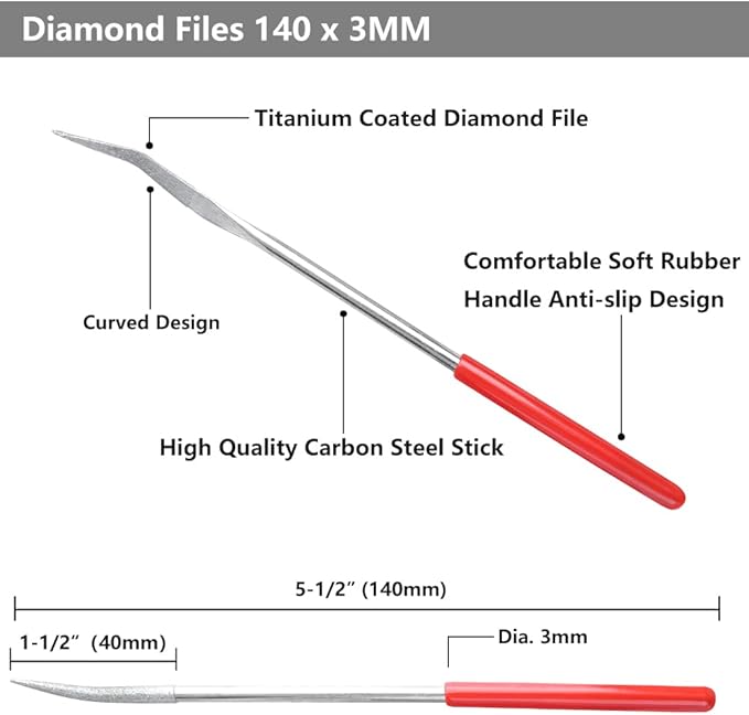 YAKAMOZ 10PCS Curved Mini Diamond Needle File Set Bent Small Metal Riffler Files Hand Tools for Glass Wood Stone Jewelry - Round Triangular Square Flat Shape 3x140mm