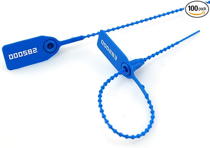 Leadseals(R) 100 Plastic Tamper Seals, Zip Ties for Fire Extinguishers Pull Tite Security Tags Numbered Trailer Seal Disposable Self-Locking Tie 250mm Length (Blue)