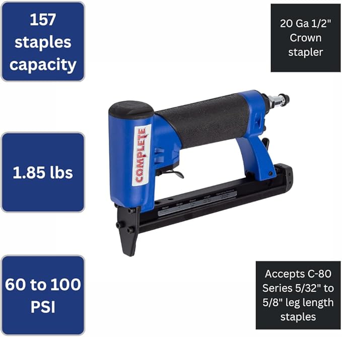 Complete C-8016S ProGrade Upholstery Stapler 20 Gauge for 1/2 Inch Crown 80 Series Staples, Staple Range of 5/32" to 5/8 ", Ideal for Upholstery, Furniture Assembly, Cabinets, Molding