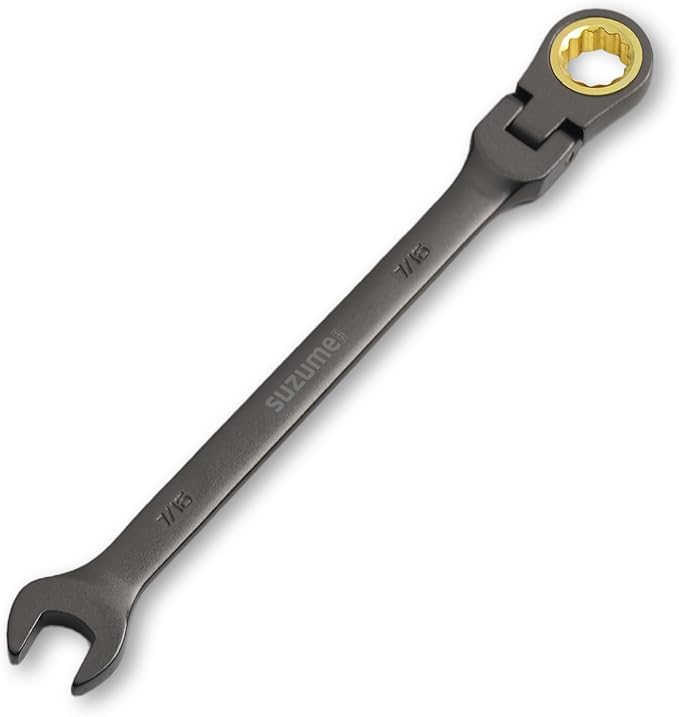 SUZUME 7/16??Flex Head Ratcheting Wrench SAE 72 Teeth Cr-V Steel with 180째 Flexible Head 15K+ Cycle Locked Gears Black Nickel Coating