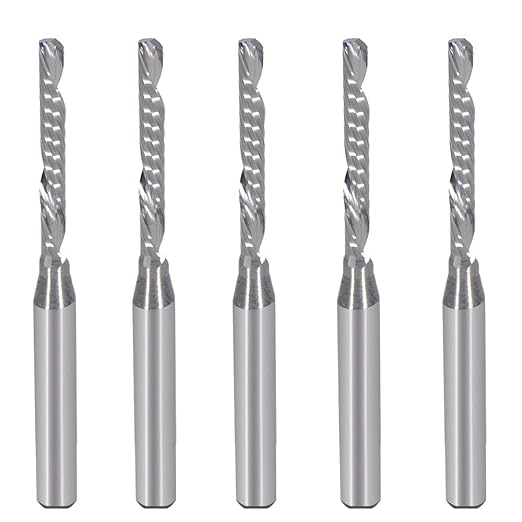 1/8 Inch Down Cut Single Flute (O Flute) Spiral End Mill CNC Router Bits ,with 0.08 Inch (2mm) Cutting Dia竊?3/64 Inch (17mm) Cutting Length for Acrylic PVC MDF Wood Pack of 5