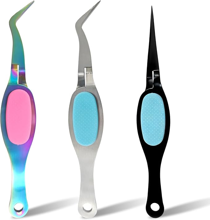 3PCS Reverse Tweezers Craft Tweezers with Soft Grip Crossing Lock for Crafting Precision Tools for Stickers, Jewelry Repair, and DIY Projects (Straight & Curved Tips)
