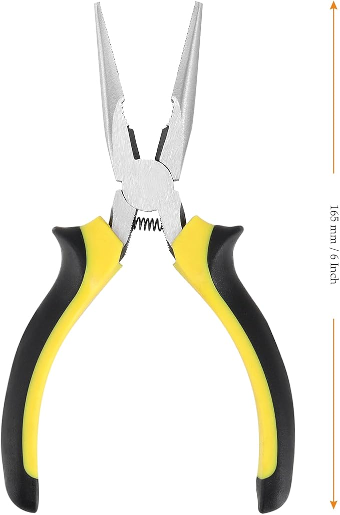 6 Pack 6 Inch Needle Nose Pliers, Spring Loaded Long Nose Pliers with Wire Cutter, Plastic Handle Needle Nose Pliers with Strippers for Cutter and Bending Wire, Black Yellow