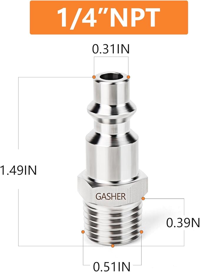 GASHER 5PCS Industrial Air Plug, 304 Stainless Steel 1/4"NPT Male, 1/4" High Flow Pneumatic Plugs