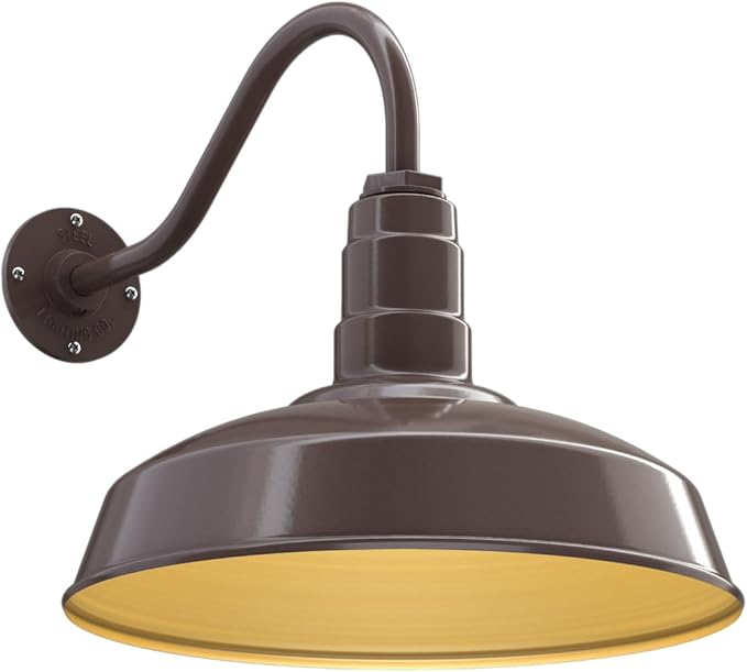 Steel Lighting Co. | Dusk to Dawn | Gardena Barn Light | Outdoor Wall Mounted | 16" Dome | 16" Gooseneck | Farmhouse Light Made in America | Dark Bronze/Brass