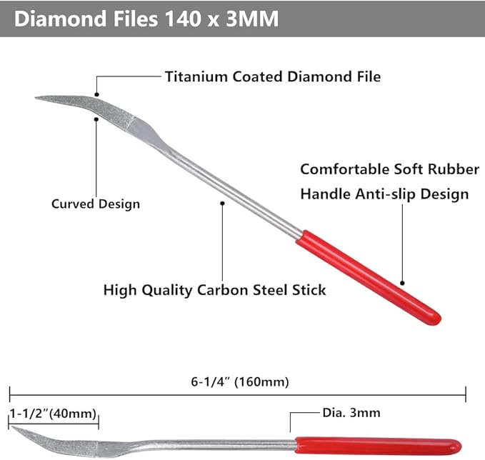 YAKAMOZ 10Pcs Curved Mini Diamond Metal Files Set 3x160mm Bent Round Needle File Triangular Square Flat Riffler File Kit Wood Stone Glass Jewelry Fine File DIY Tools