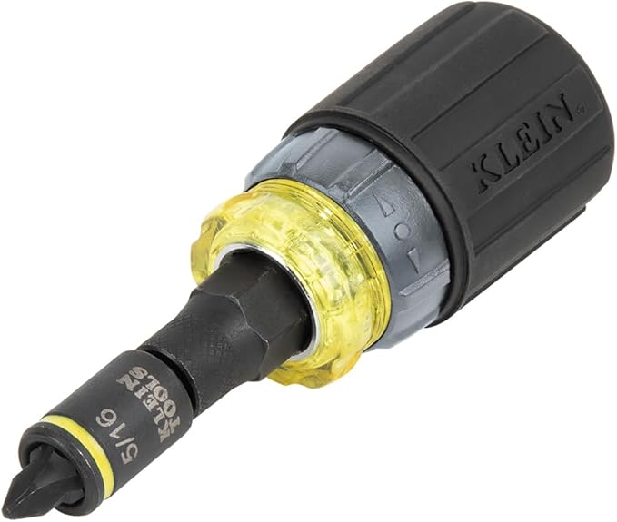 Klein Tools 32561HDRT KNECT 7-in-1 Ratcheting Screwdriver, Impact Rated, Stubby with Phillips, Slotted Bits, 3 Nut Drivers, Adapter, 7-Piece