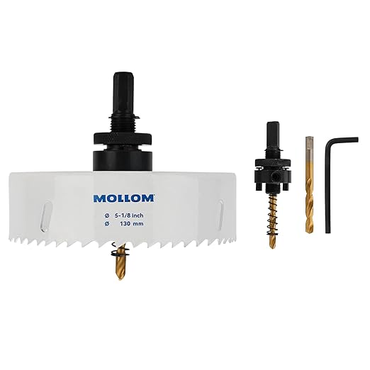 Mollom (130mm | 5-1/8") HSS M42 with 8% Cobalt BI-Metal Hole Saw with 2 Pilot Drill Bits & Arbor Smooth Cutting for PVC,Drywall,Wood,Plastic,Gypsum Board,Rubber